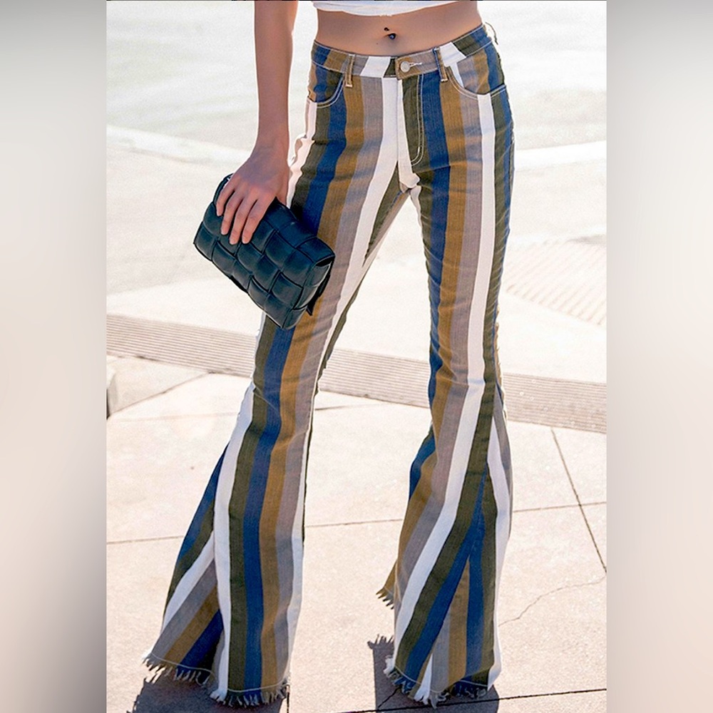 Striped flares with distressed hem